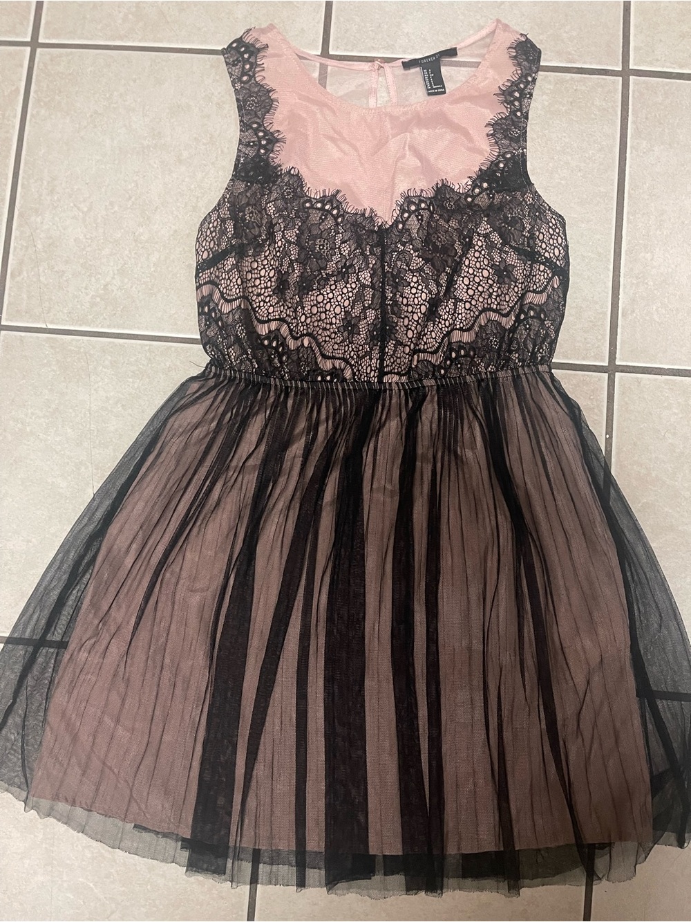 Forever 21 Pink Dress with Black Lace and Tulle Overlay